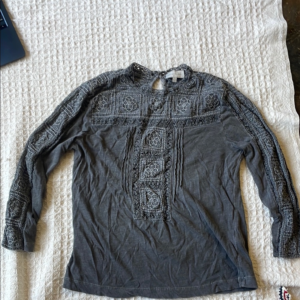 Lucky Brand Gray Long Sleeve Embroidered Top